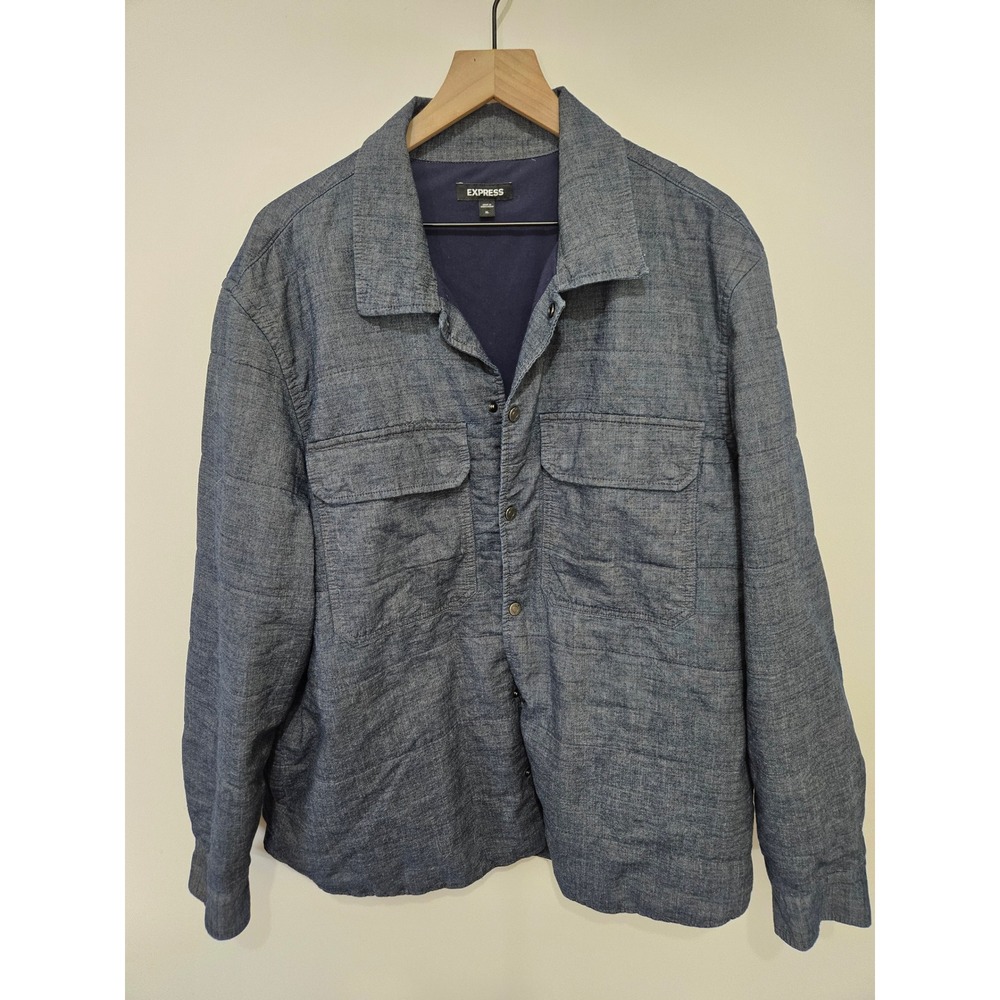 Express Mens Quilted Shirt Jacket Blue Cotton Snap Front Shacket‎ XL